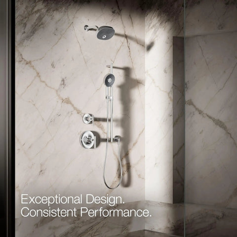 Statement Round Three Function Handshower With Soak And Restore 2.5 GPM Polished Chrome in modern marble shower