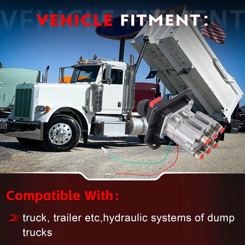 Power Take Off PTO Hoist Control Valve With Air Shift And Light Switch, compatible with dump trucks, shown beside truck.