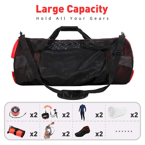 Ultra Large 30 Inch Mesh Dive Gear Bag For Scuba Snorkeling And Beach Trips Pro Grade Quick Dry Duffel with gear icons