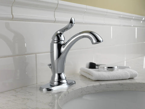 Single Hole Bathroom Faucet With Single Handle Diamond Seal Technology For Fewer Leaks Lifetime Limited Warranty shown on a counter
