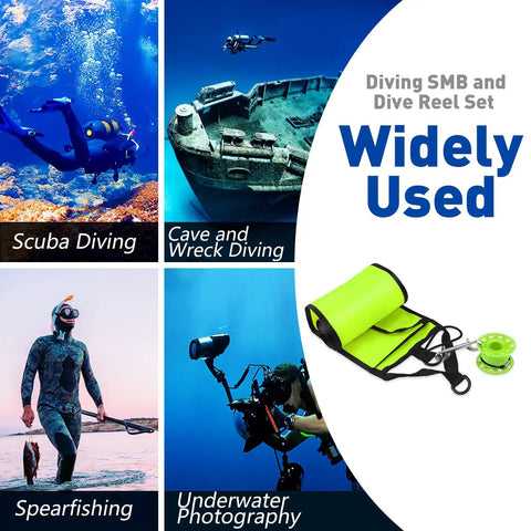 Diver using DSMB And Reel Set 5ft High Visibility Surface Marker Buoy With 100ft Dive Reel, 316 SS Bolt Snap in various dive types.