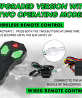 Front view: STEGODON 2500 lb ATV/UTV electric winch with wired and wireless remotes; black unit, green LED buttons.