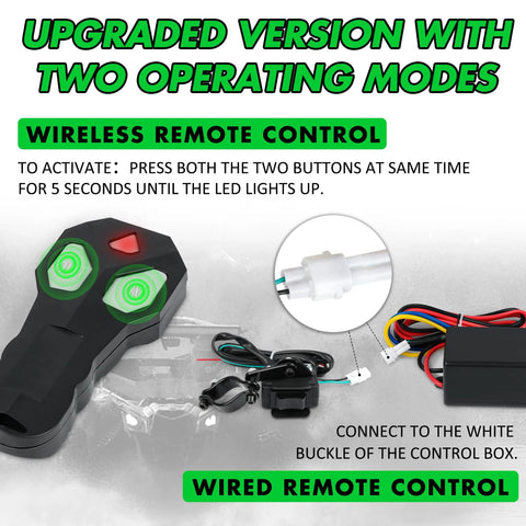 Front view: STEGODON 2500 lb ATV/UTV electric winch with wired and wireless remotes; black unit, green LED buttons.