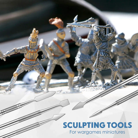 Five Piece Miniature Sculpting Tools Set, Stainless Steel Double-Headed Craft Tools with detailed gaming figures in background