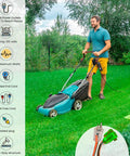 Man using 16/3 50-Foot Outdoor Extension Cord Not For EV Chargers Heavy Duty Weatherproof Contractor Grade SJTW with lawn mower