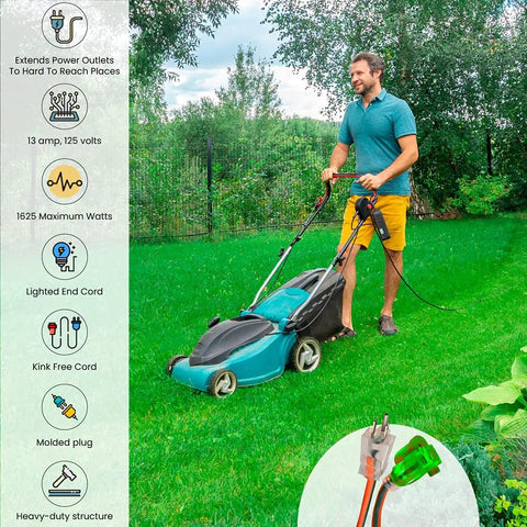 Man using 16/3 50-Foot Outdoor Extension Cord Not For EV Chargers Heavy Duty Weatherproof Contractor Grade SJTW with lawn mower