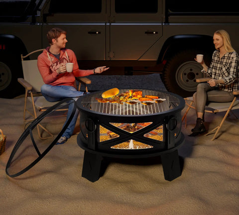 Heavy Duty Portable 26 Inch Steel Fire Pit With Grill Grate And Spark Screen, 360 Degree Airflow Boost For Less Smoke And Bigger Flames