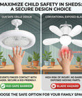 Comparison of safe design versus traditional ceiling fan blades, highlighting kids' safety with Badass Solar Ceiling Fan With Bright Led Light Pull String Switch Three Speed Modes IP65 Weather Proof Setup.
