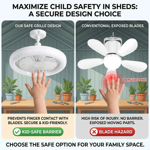 Comparison of safe design versus traditional ceiling fan blades, highlighting kids' safety with Badass Solar Ceiling Fan With Bright Led Light Pull String Switch Three Speed Modes IP65 Weather Proof Setup.