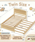 Twin bed frame dimensions with pull out trundle, solid pine wood, natural finish, space-saving design for kids and teens.