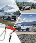 Collage showing RV trailers with Breakaway Cable For RV Trailers 4 Foot Or 6 Foot High Strength Flexible Towing Lanyard in use.