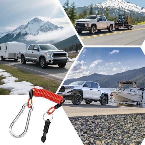 Collage showing RV trailers with Breakaway Cable For RV Trailers 4 Foot Or 6 Foot High Strength Flexible Towing Lanyard in use.