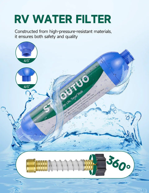 RV Water Filter With Flexible Hose Protector Keeps Water Tasting Fresh For RV Life By Cutting Chlorine Odor Rust And Sediment