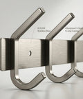 Close-up of Brushed Nickel Wall Mount Coat Rack With 24 Inch Stainless Steel Rail And 8 Heavy Duty Double Hooks showing metal finish.