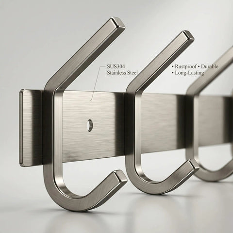 Close-up of Brushed Nickel Wall Mount Coat Rack With 24 Inch Stainless Steel Rail And 8 Heavy Duty Double Hooks showing metal finish.
