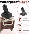 Close-up of Beefy 12V DC 30A Waterproof Toggle Switch 2 Pack SPST with boot cap cover showing waterproof feature and label.