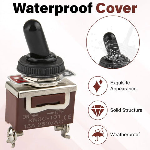 Close-up of Beefy 12V DC 30A Waterproof Toggle Switch 2 Pack SPST with boot cap cover showing waterproof feature and label.