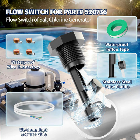 Non OEM Flow Switch Replacement 520736 For IntelliChlor IC15 IC20 IC40 IC60 Salt Chlorinator Systems Compatible With Pentair EasyTouch And IntelliTouch Control Panels No Fuss Easy Install, black threaded sensor