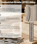 Pro Level Four Piece Straight Router Bit Set With One Quarter Inch Shanks shown on wood, highlighting AT03 alloy and its precision.