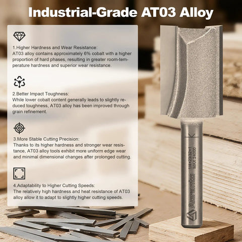 Pro Level Four Piece Straight Router Bit Set With One Quarter Inch Shanks shown on wood, highlighting AT03 alloy and its precision.