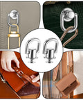 4 Pack D Rings For Purses And Bags, Heavy Duty Rotatable Metal Hardware Set With Screws And Punch in use on leather bags.