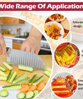 Front view of JAYVAR large stainless steel crinkle cutter wave slicer with handle slicing cucumber.