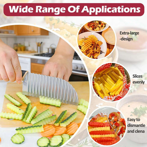 Front view of JAYVAR large stainless steel crinkle cutter wave slicer with handle slicing cucumber.