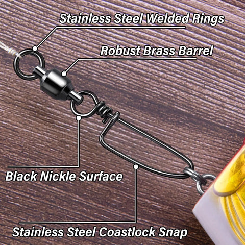 20 Pack Ball Bearing Swivels With Snaps For Fishing Tackle Premium Heavy Duty Saltwater Freshwater Gear Coastlock Barrel Swivels Leader Connectors Downrigger Planer Release Clips 49Lb black nickel swivel with snap, brass body, stainless steel rings