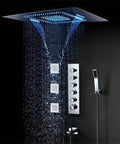 Top Tier Led Thermostatic Shower System With 60X80Cm Shower Panel Rainfall Waterfall And Mist Functions featuring rainfall panel and body jets.