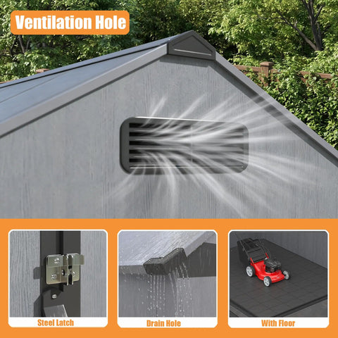 Ventilation hole in Resin Storage Shed 4x6 with Floor, Weatherproof Outdoor Plastic Tool Shed With Sloped Roof and Built In Vents