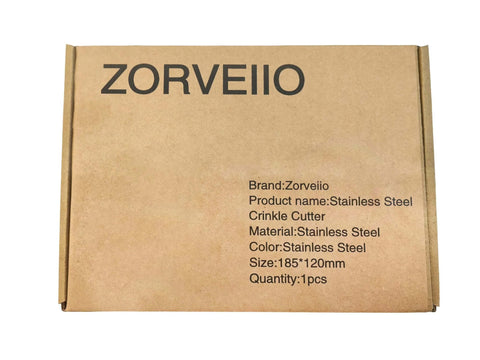 Front view of Zorveiio stainless steel crinkle cutter packaging box; size 185x120mm, 1pc.