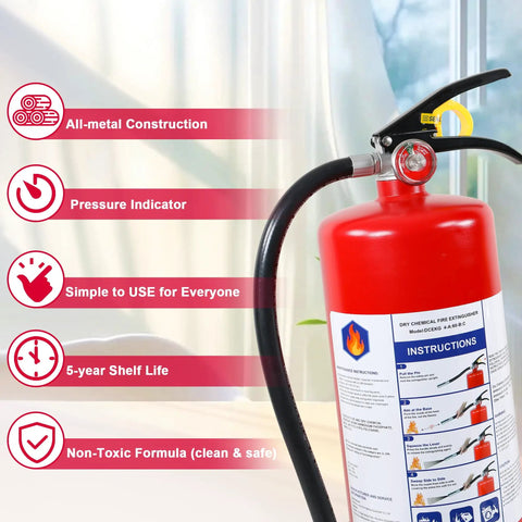 Badass 10 LB ABC Fire Extinguisher Dry Chemical Multi Purpose Nuke Kitchen Grease Electrical Spark Wood Blaze With Quick Release Handle close-up with pressure indicator.