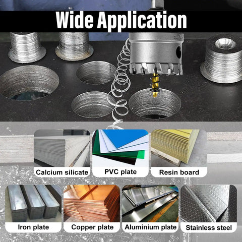 Image of 1 Inch Tungsten Carbide TCT Hole Saw Kit With Titanium Plated Pilot Drill Bit For Metal Stainless Steel Iron Wood Plastic High Performance Cutting 60mm Deep Cut For Precise Holes applications, showing various material compatibility like PVC and iron.