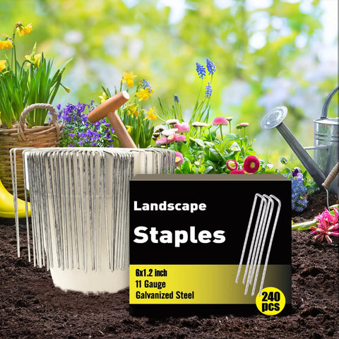 240 Pack 6 Inch Landscape Staples Galvanized U Shaped Heavy Duty Garden Stakes 11 Gauge for Landscape Fabric Sod Turf Ground Cover