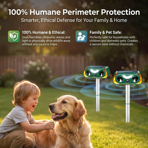 4 Pack Solar Ultrasonic Animal Repeller With Motion Sensor And LED Strobe Light, child and dog in yard