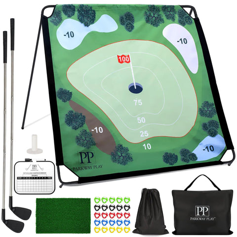 Sticky Golf Chipping Game Set With 6x6 Foot Metal Frame For Backyard Hangout And Indoor Outdoor Practice showing mat, clubs, balls.