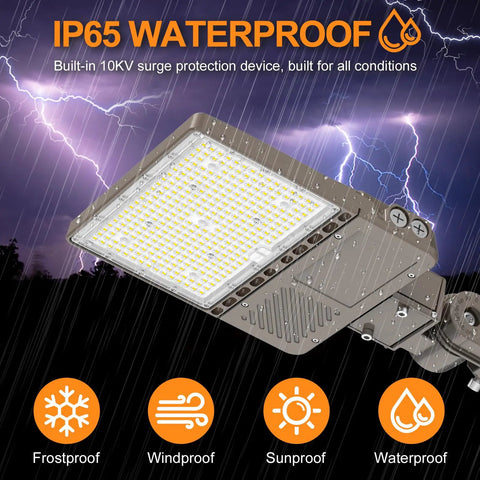 Triple-Setting LED Parking Lot Light With 150W 120W 90W Options, 5000K Dusk-To-Dawn Shoebox Flood, IP65 UL Listed, 22500 Lumens, outdoor light in rain
