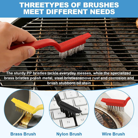 11 Piece V Shaped Grout Cleaning Brush Set With Stiff Bristles Crevice Brushes And Stainless Steel Scraper being used on grill