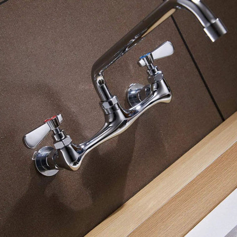 Wall Mount Kitchen Faucet For Utility Sink With 8 Inch Swivel Gooseneck Spout 8 Inch Center 2 Handle Pro Grade Heavy Duty Commercial Sink Faucet For Laundry And Restaurant Chrome Finish