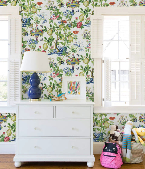 Scalamandre Multicolor Bloom Shantung Garden Peel And Stick Wallpaper Removable Wallpaper Floral Chinoiserie Pattern For Easy Install Repositionable No Residue Safe For Walls 20.87 In X 18 Ft
