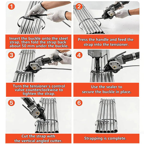 Heavy Duty Pneumatic Steel Strapping Machine For 1.25 Inch Wide Buckles With Integrated Tensioner and Cutter Sealer in action.