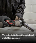 Cubitron II File Belts 36 Plus Grit 3/8 In x 13 In Resin Bonded For Fast Weld And Spot Weld Removal in use on metal surface