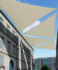 Installed Beige 6 Ft Triangle Sun Shade Sail For Patio Pergola Backyard Deck Carport UV Blocking Permeable HDPE Knit Fabric
