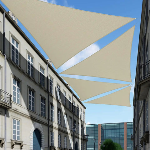 Installed Beige 6 Ft Triangle Sun Shade Sail For Patio Pergola Backyard Deck Carport UV Blocking Permeable HDPE Knit Fabric