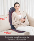 Person sitting on Cozy Massage Seat Cushion With Heat And Memory Foam Neck And Lumbar Support, using remote for back and seat heat adjustments.
