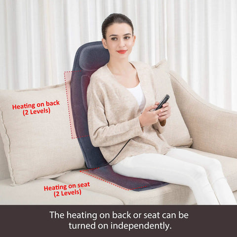 Person sitting on Cozy Massage Seat Cushion With Heat And Memory Foam Neck And Lumbar Support, using remote for back and seat heat adjustments.