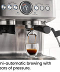 Next Level No Sweat Home Espresso Machine Built Around Conical Burr Grinder Barista Steam Frother pouring espresso at 15 bar pressure.