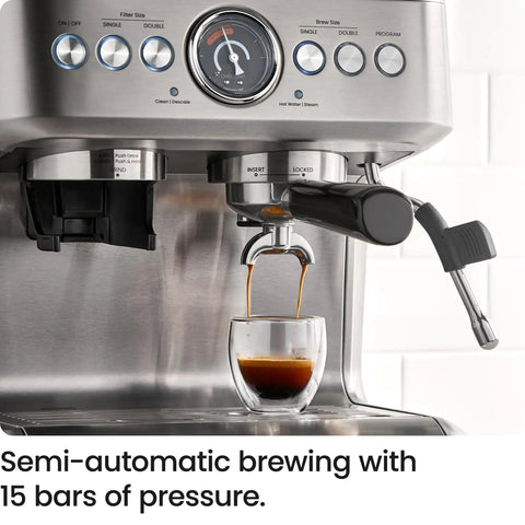 Next Level No Sweat Home Espresso Machine Built Around Conical Burr Grinder Barista Steam Frother pouring espresso at 15 bar pressure.