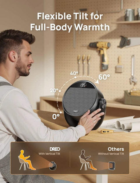 Man adjusting Powerful 1500W Space Heater With 60 Degree Adjustable Tilt, Remote Control, Quiet Portable Electric Heater in workshop.
