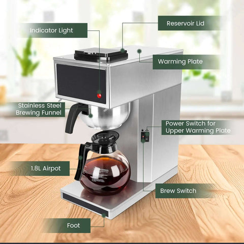 12 Cup Commercial Coffee Maker With Dual Warmers For Offices And Break Rooms - Pourover Stainless Steel Brewer, 120V Compact Drip Coffee Machine For Church Events And Big Gatherings with side view of warming plates and carafe.